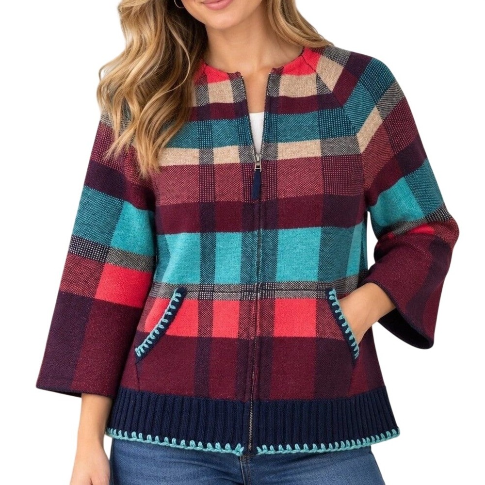 Anthropologie HWR Women's S Plaid Zip Cardigan Sweater Multicolor Wool Blend